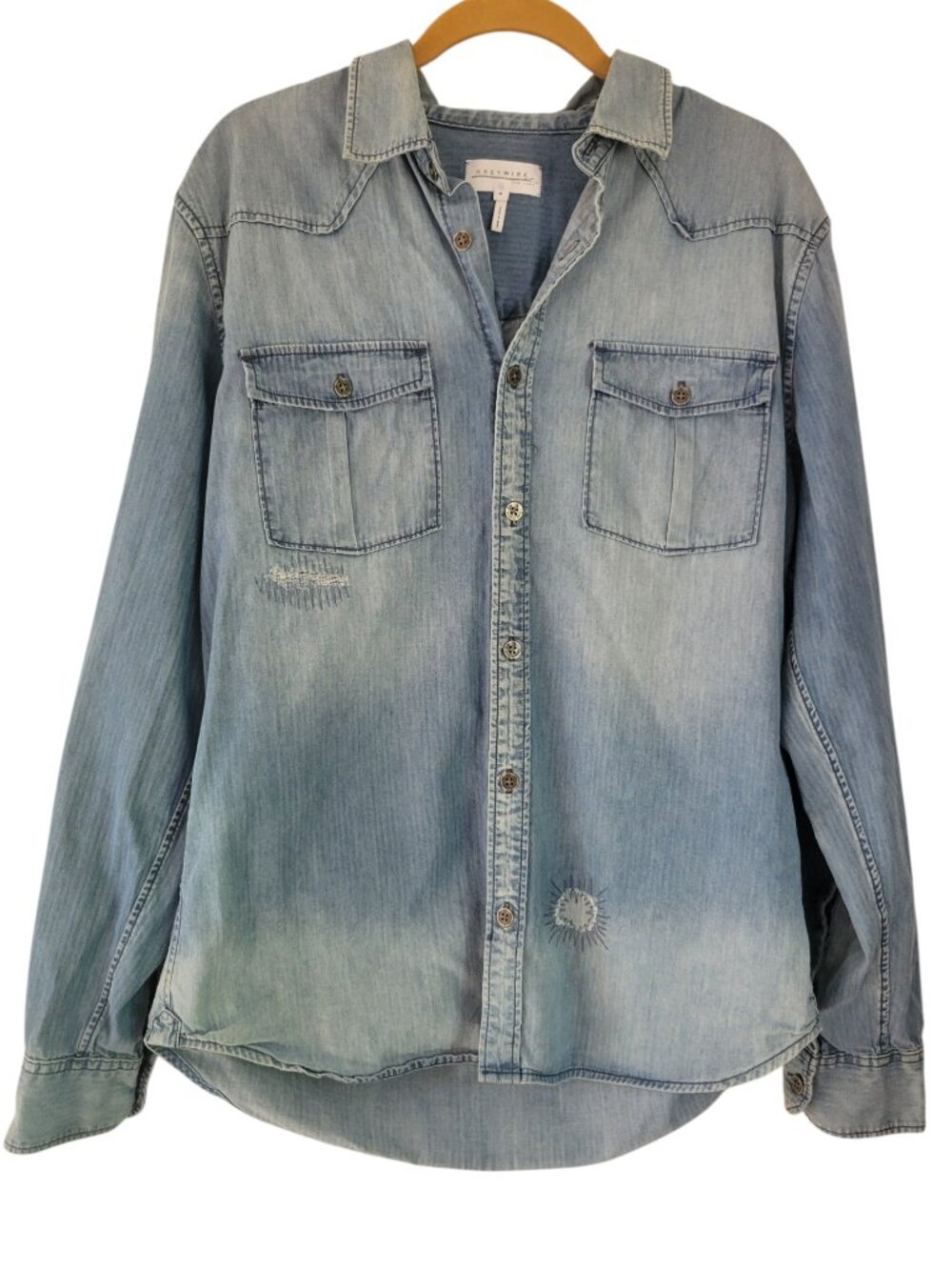 Greywire NY Light Wash Denim Shirt Distressed Star Design Women's Y2K sz M